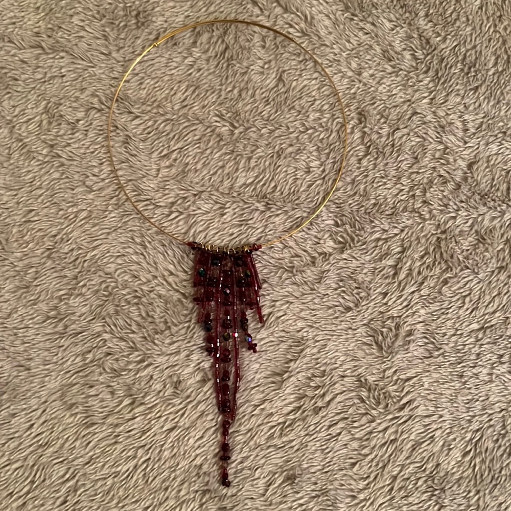 DKNY Purple Beaded Tassel Choker Style Necklace - Gold Memory Wire